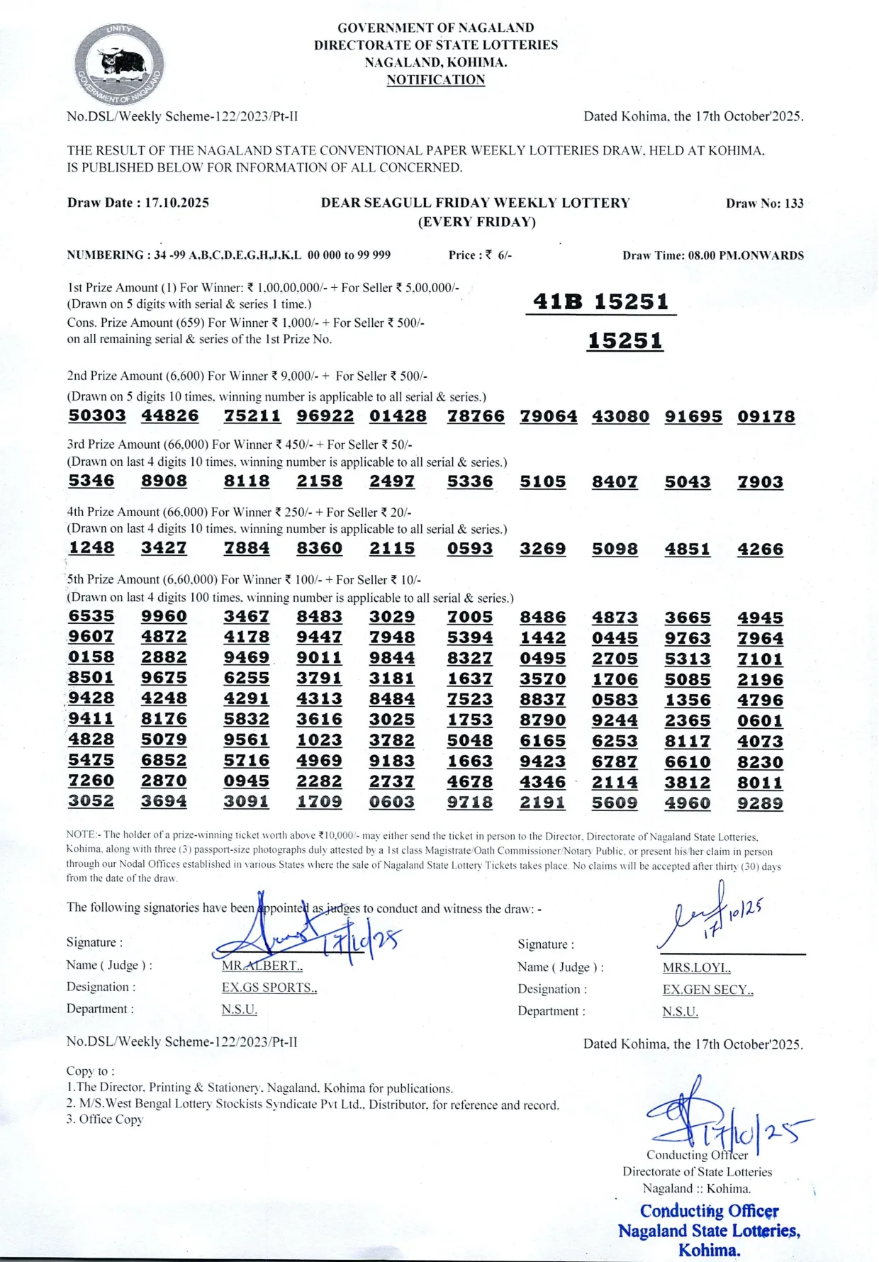 Dear Lottery result sheet 8:00 PM 17-10-2025