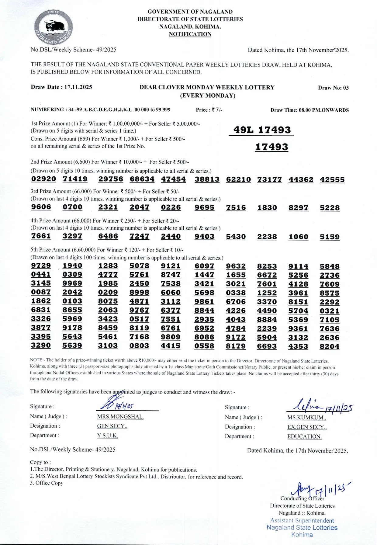 Dear Lottery result sheet 8:00 PM 17-11-2025