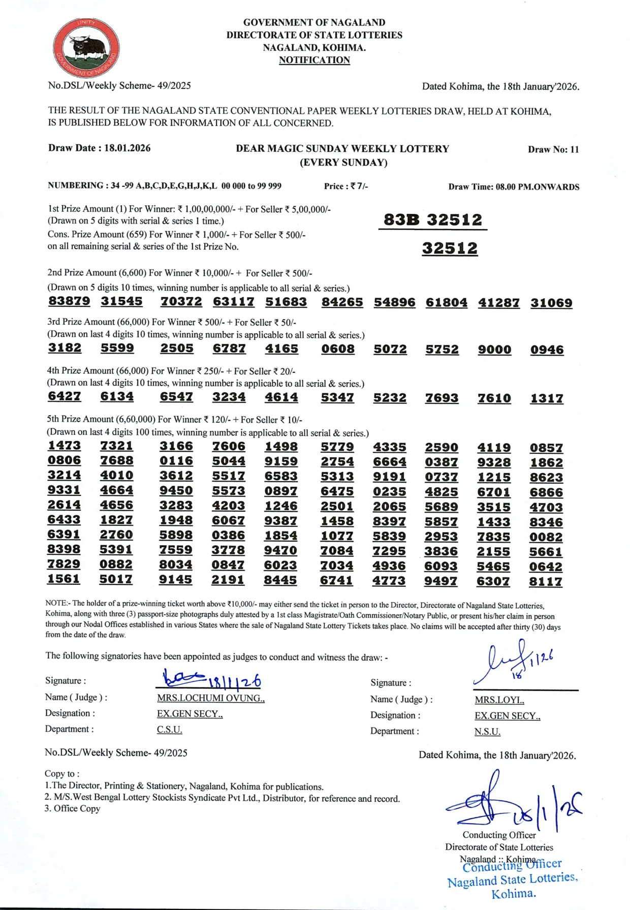 Dear Lottery result sheet 8:00 PM 18-01-2026