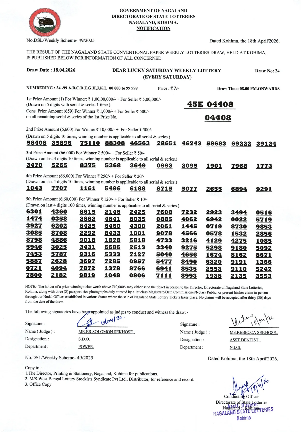 Dear Lottery result sheet 8:00 PM 18-04-2026