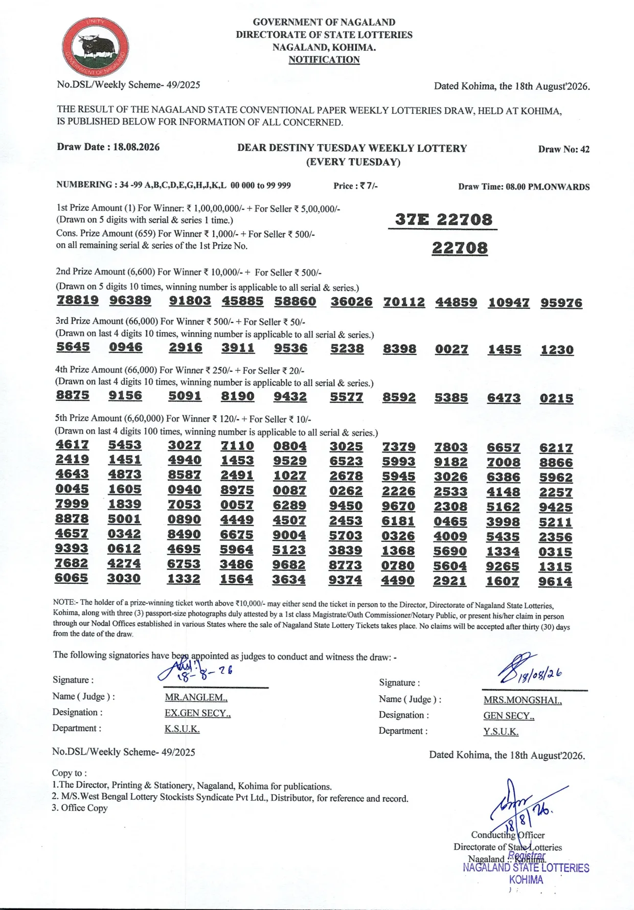 Dear Lottery result sheet 8:00 PM 18-08-2026