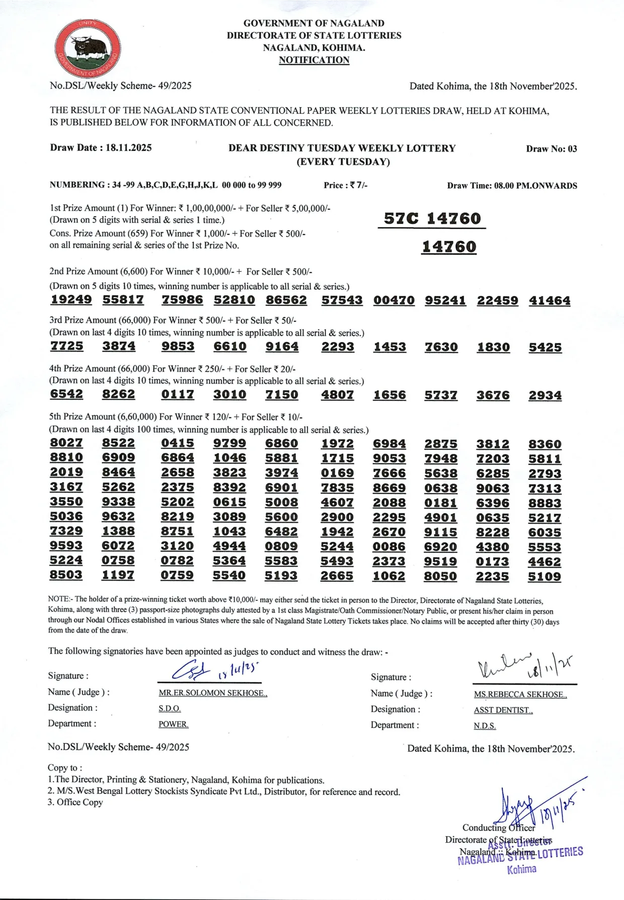 Dear Lottery result sheet 8:00 PM 18-11-2025