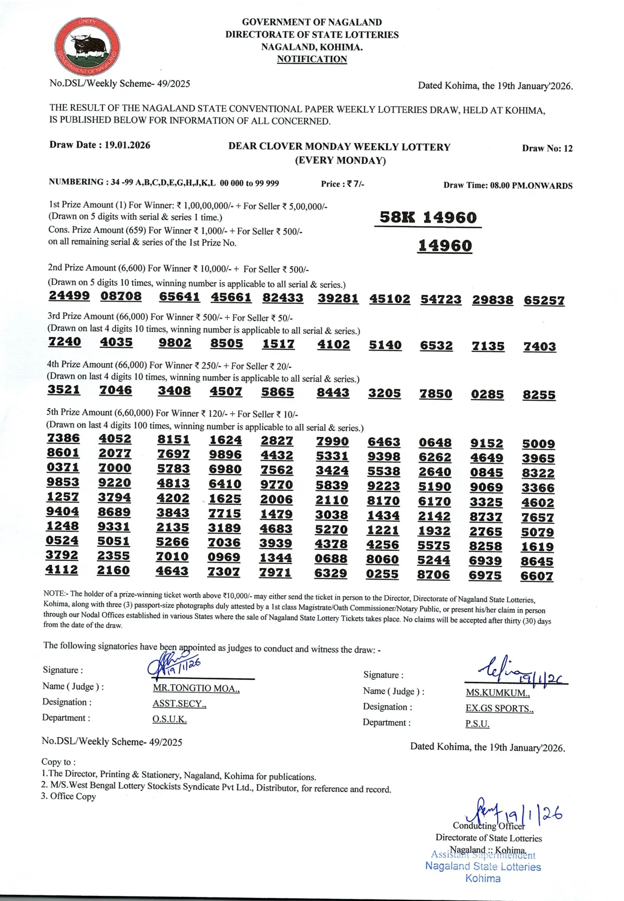 Dear Lottery result sheet 8:00 PM 19-01-2026