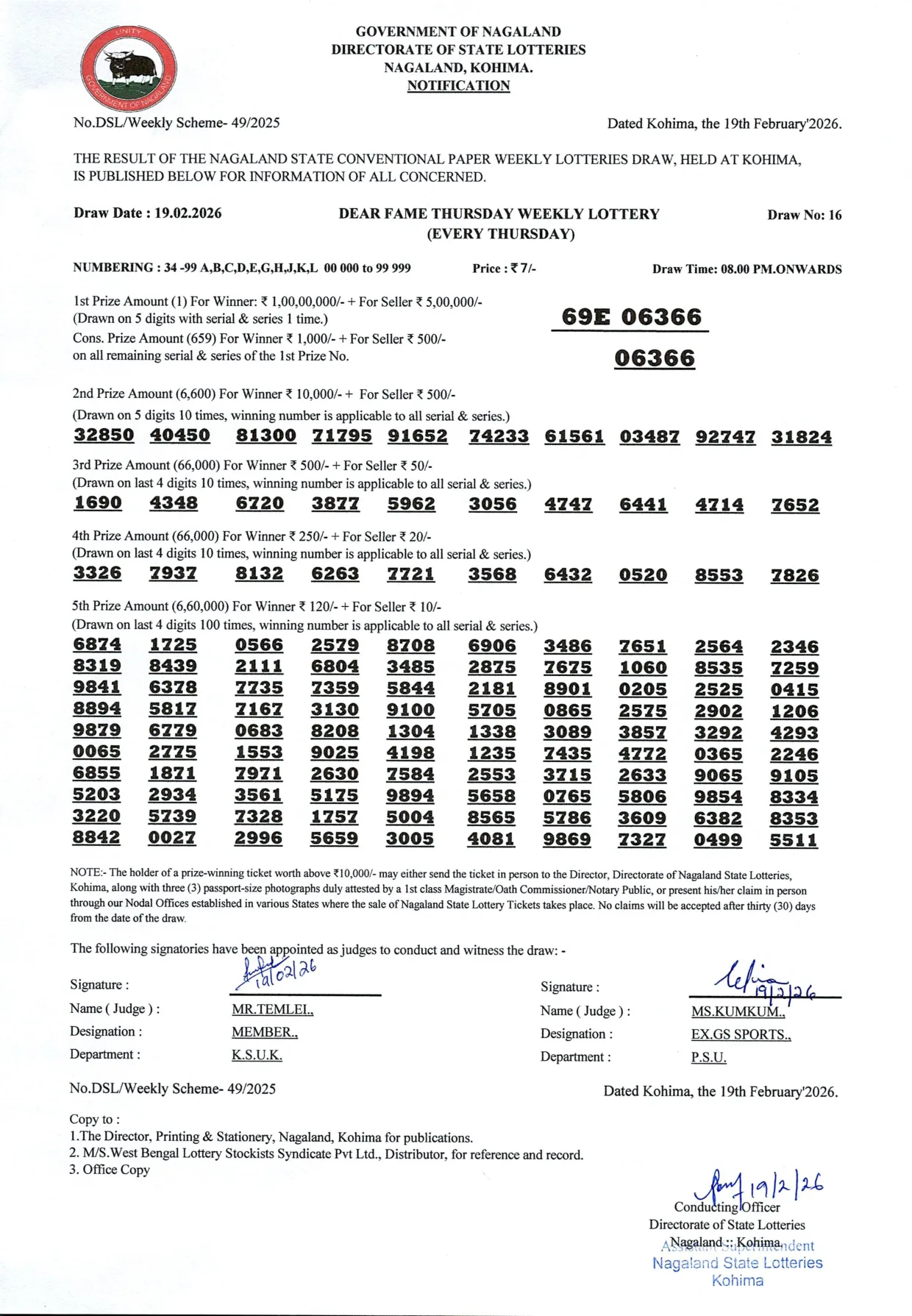 Dear Lottery result sheet 8:00 PM 19-02-2026