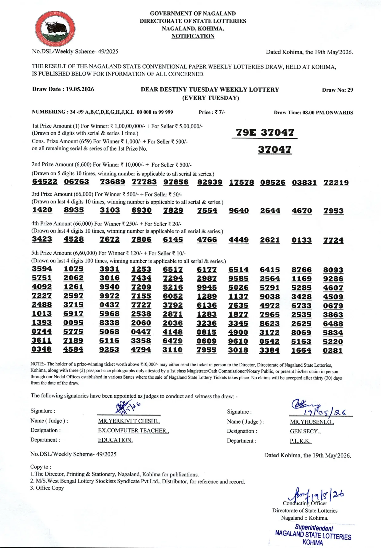 Dear Lottery result sheet 8:00 PM 19-05-2026