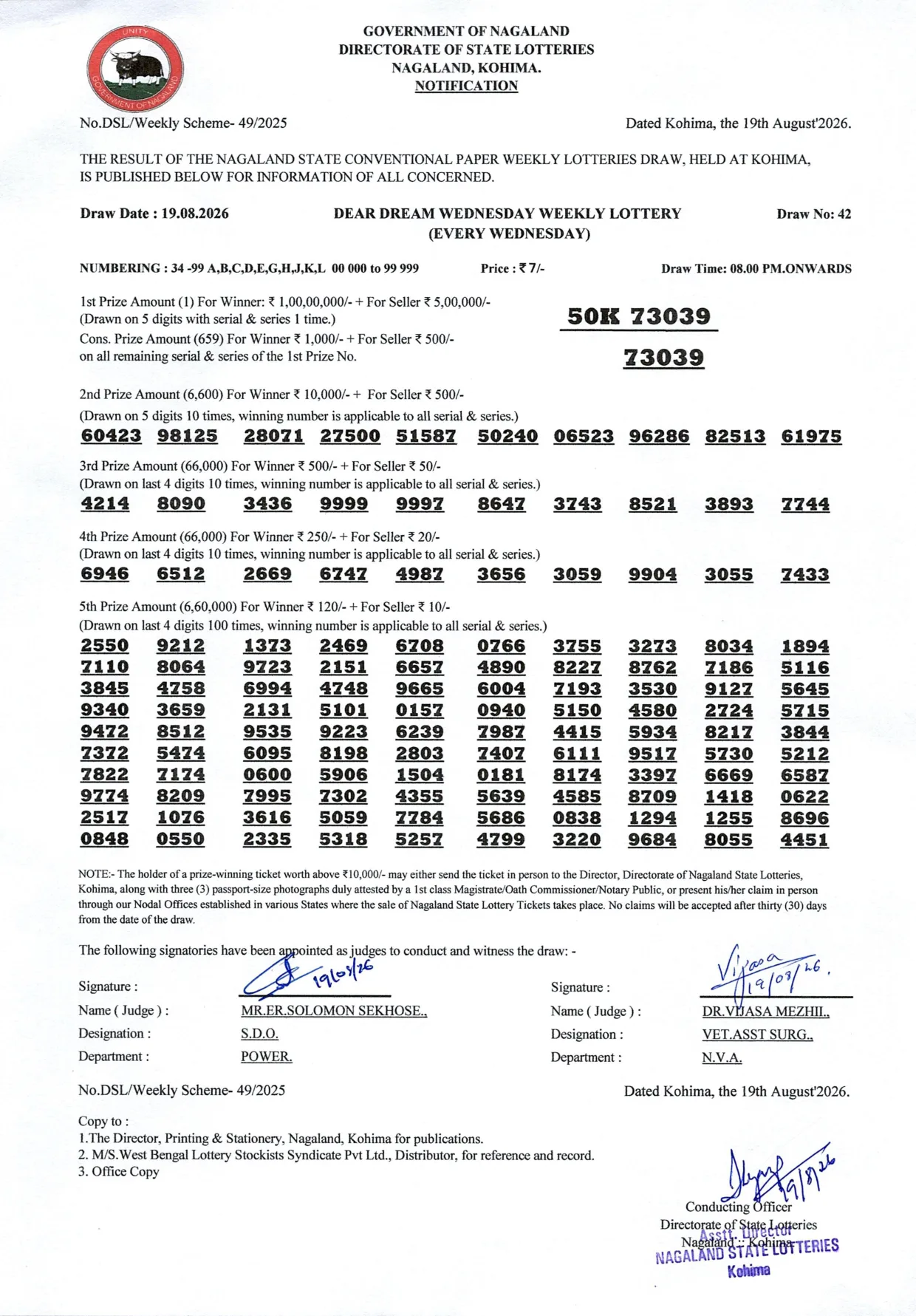 Dear Lottery result sheet 8:00 PM 19-08-2026
