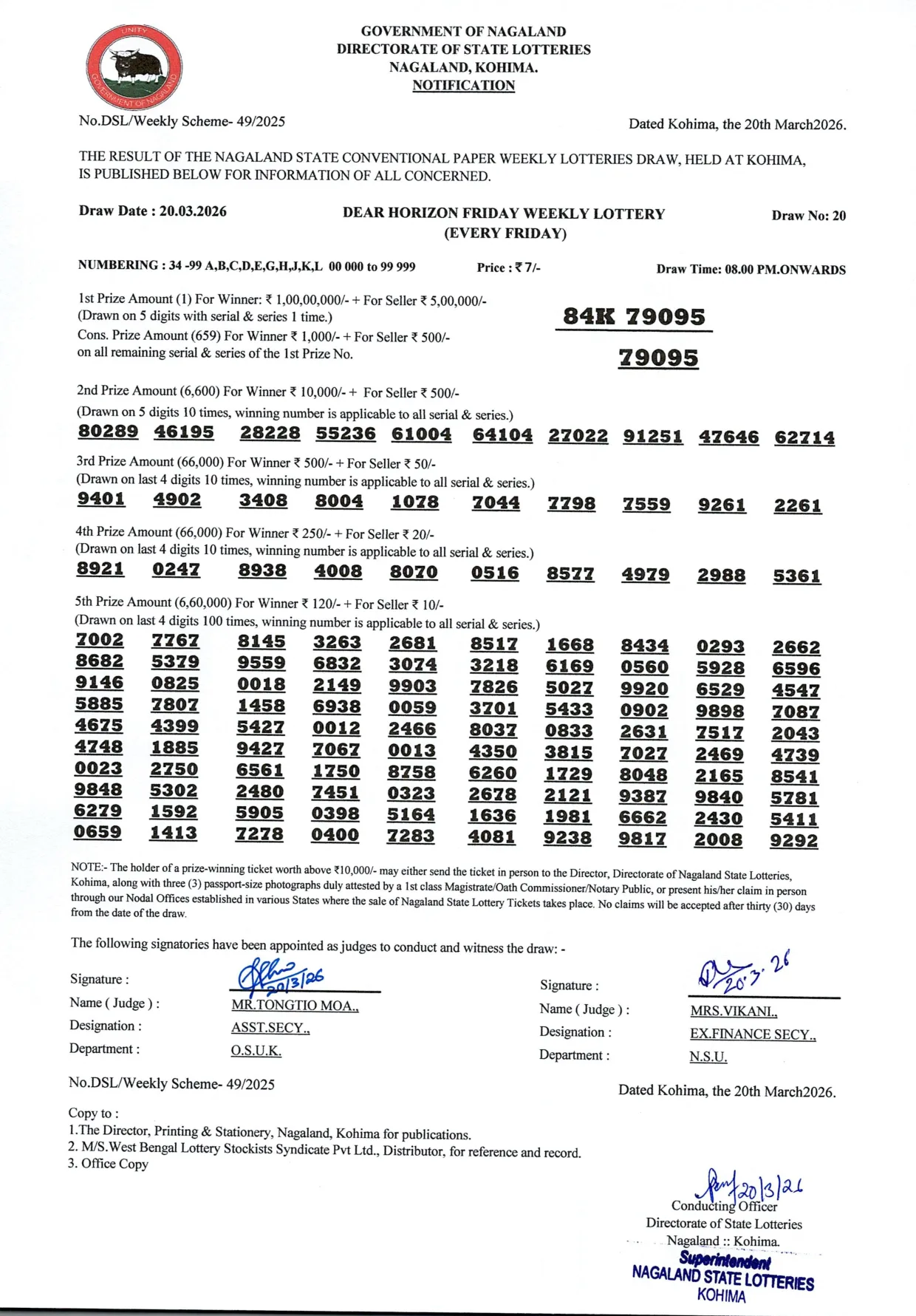 Dear Lottery result sheet 8:00 PM 20-03-2026