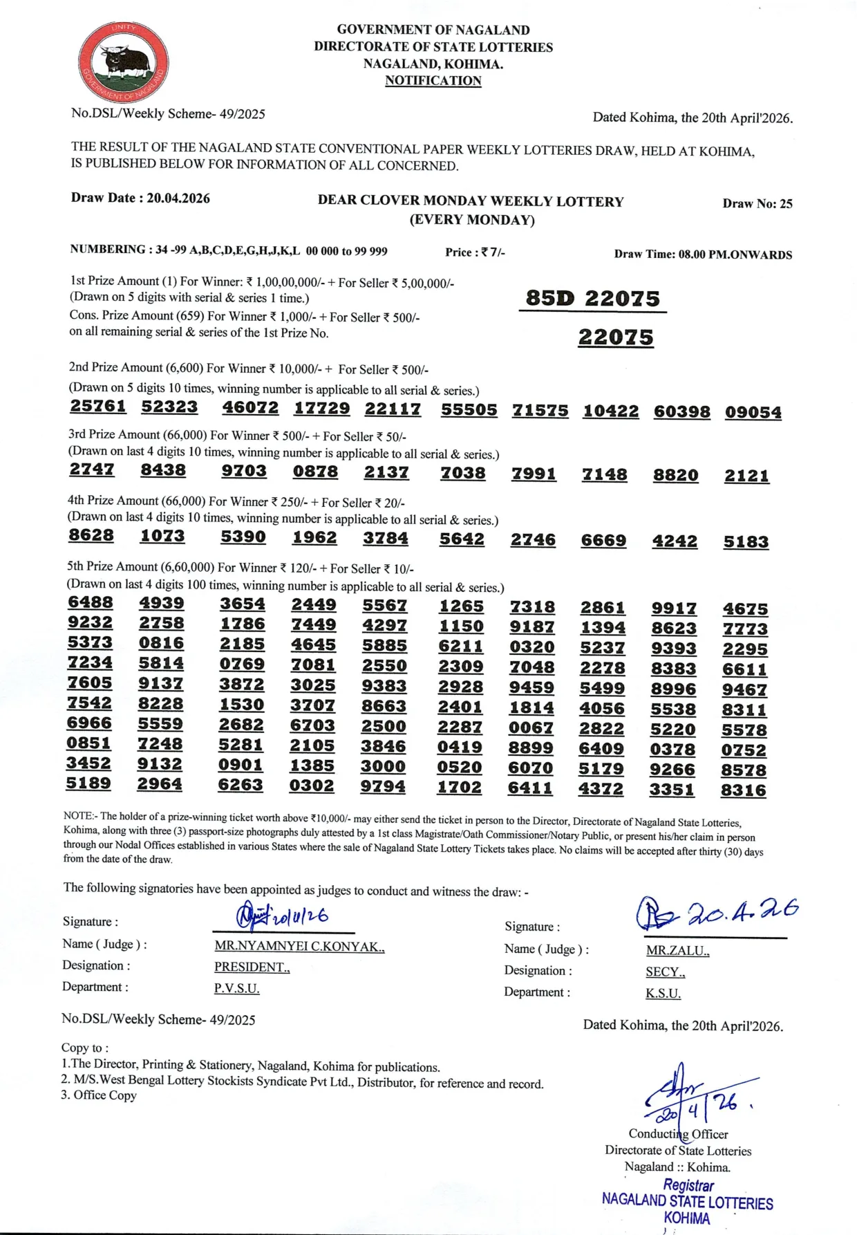 Dear Lottery result sheet 8:00 PM 20-04-2026