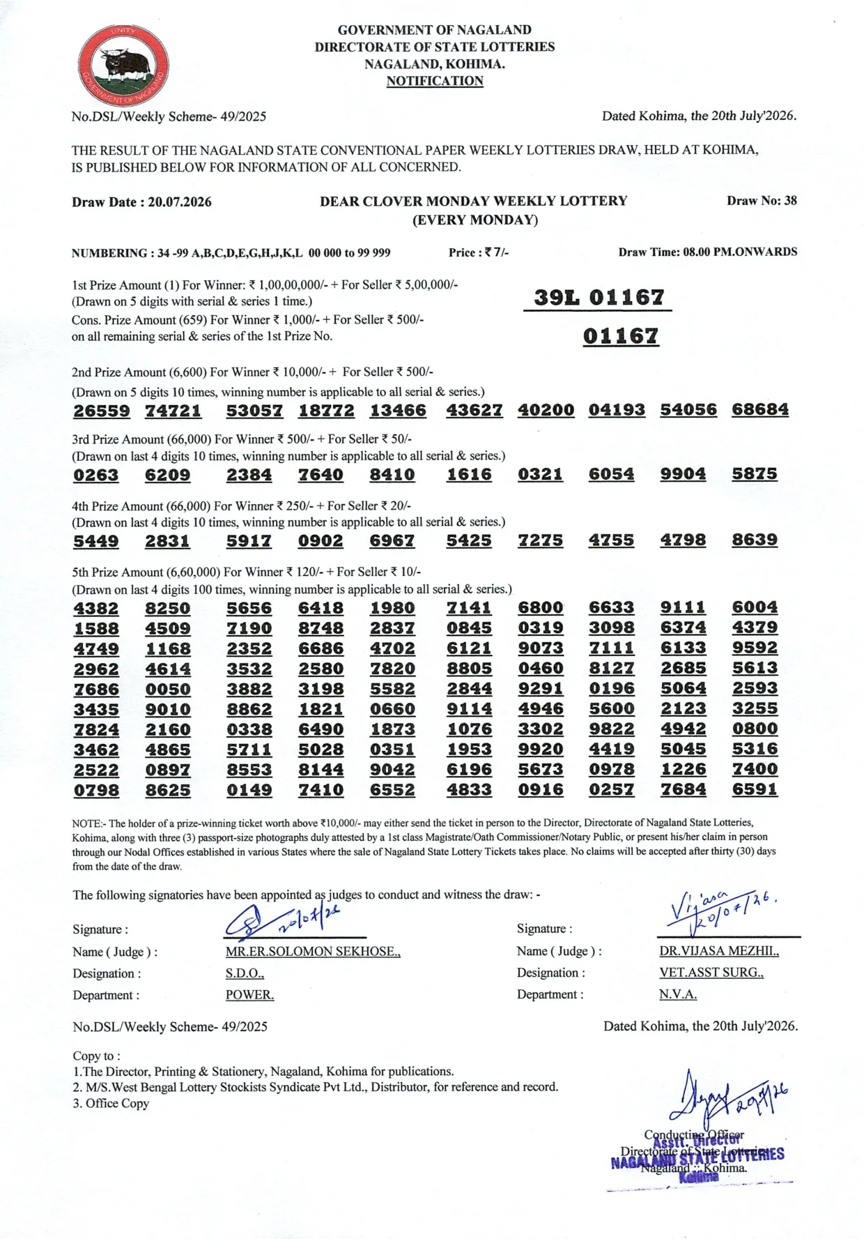 Dear Lottery result sheet 8:00 PM 20-07-2026