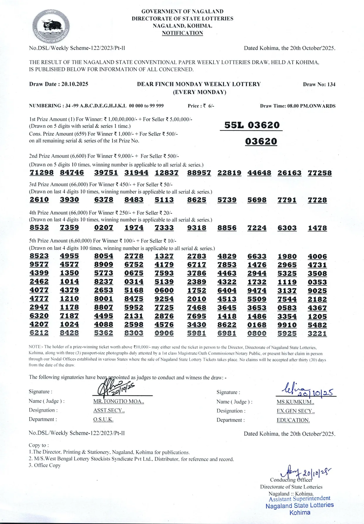 Dear Lottery result sheet 8:00 PM 20-10-2025