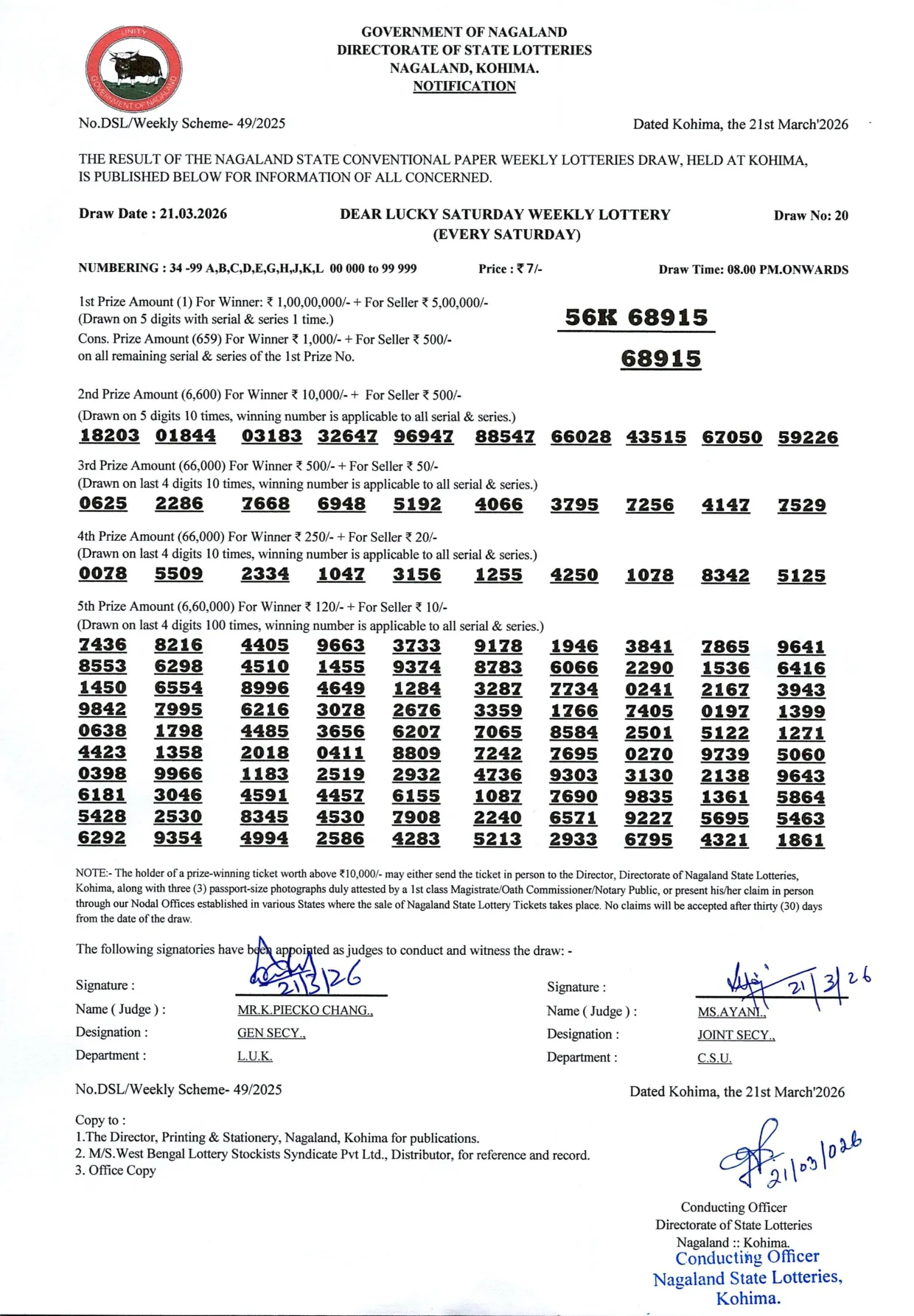 Dear Lottery result sheet 8:00 PM 21-03-2026