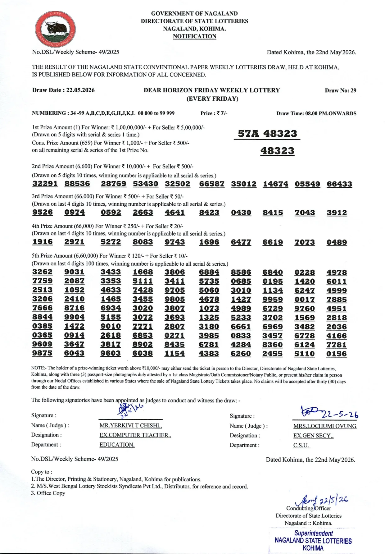 Dear Lottery result sheet 8:00 PM 22-05-2026