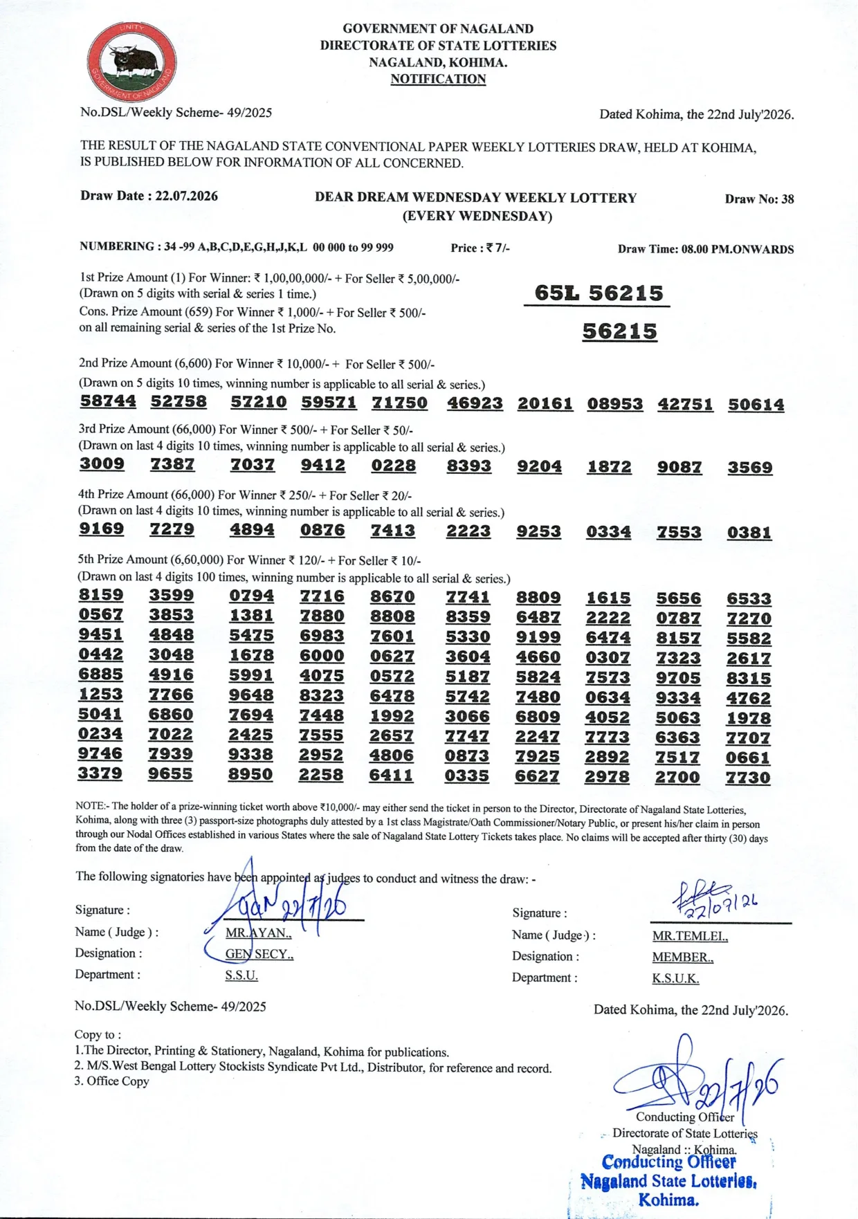 Dear Lottery result sheet 8:00 PM 22-07-2026
