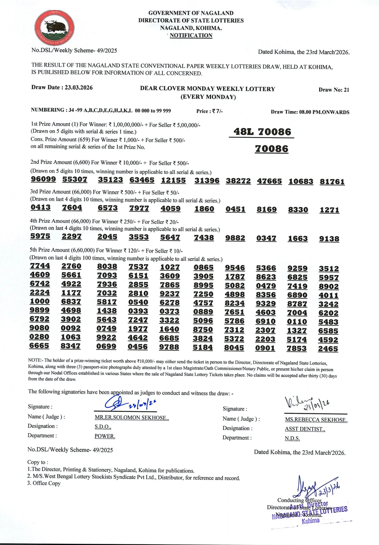 Dear Lottery result sheet 8:00 PM 23-03-2026