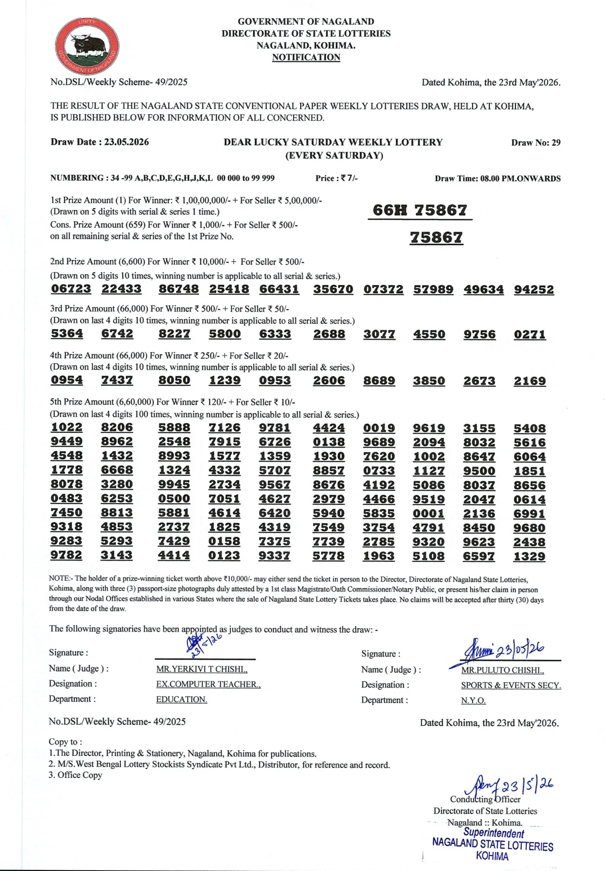Dear Lottery result sheet 8:00 PM 23-05-2026
