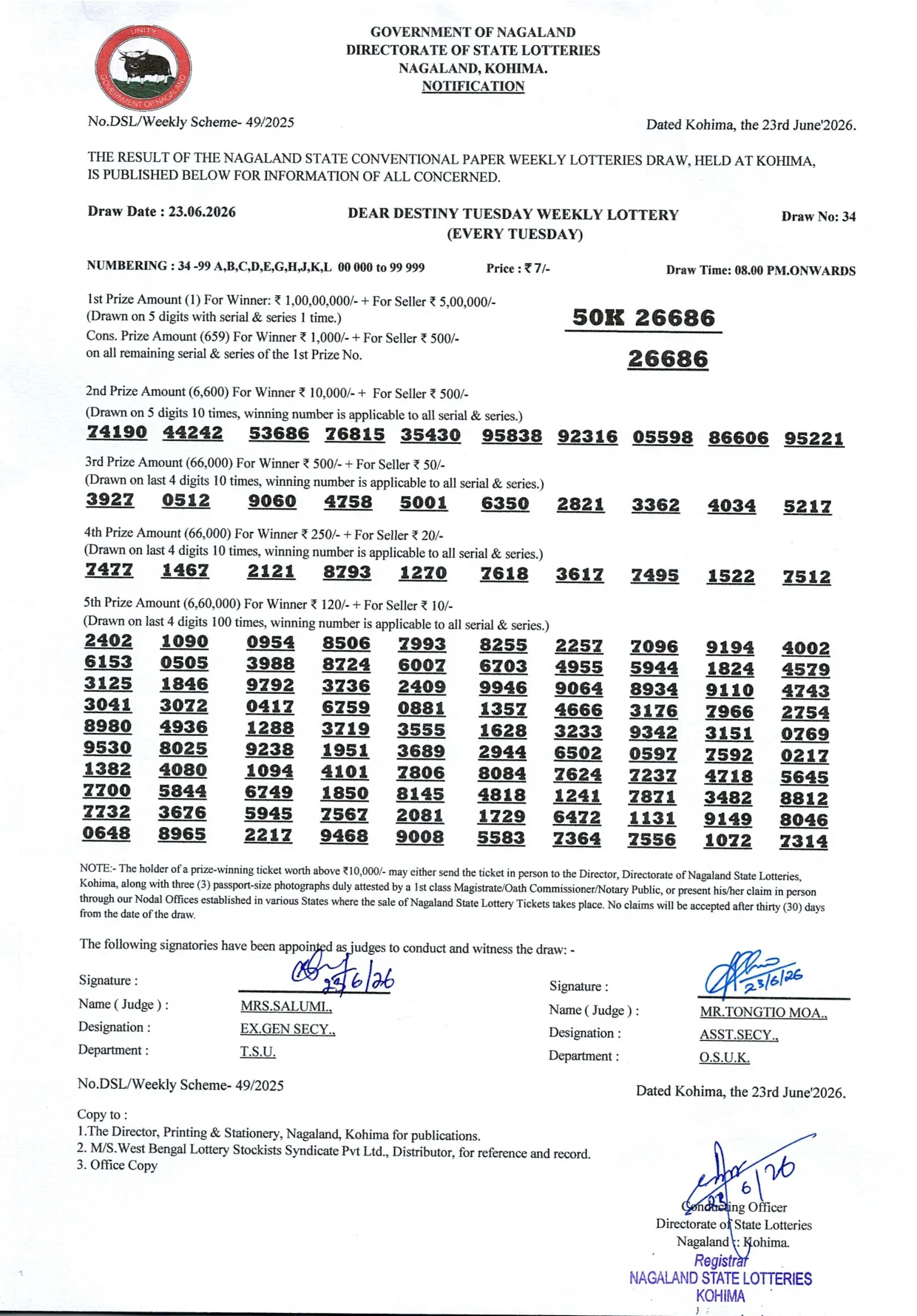 Dear Lottery result sheet 8:00 PM 23-06-2026