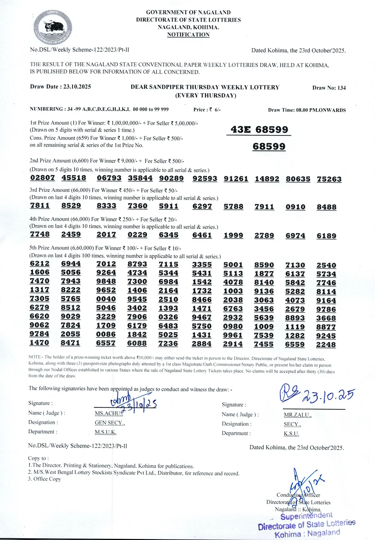 Dear Lottery result sheet 8:00 PM 23-10-2025