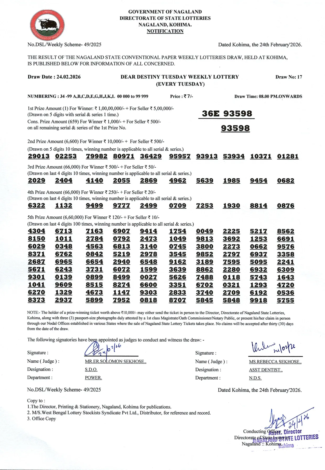 Dear Lottery result sheet 8:00 PM 24-02-2026