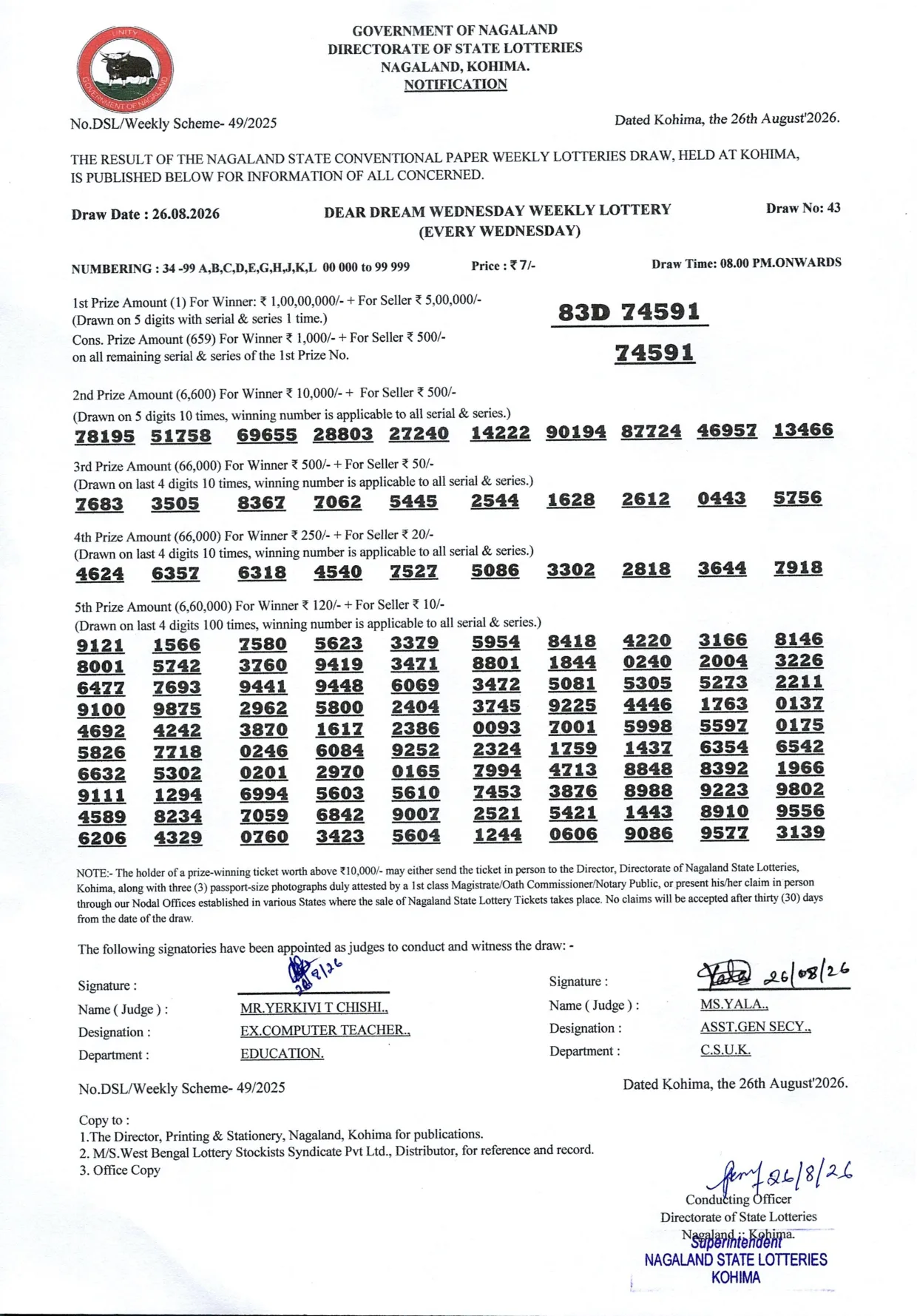 Dear Lottery result sheet 8:00 PM 26-08-2026
