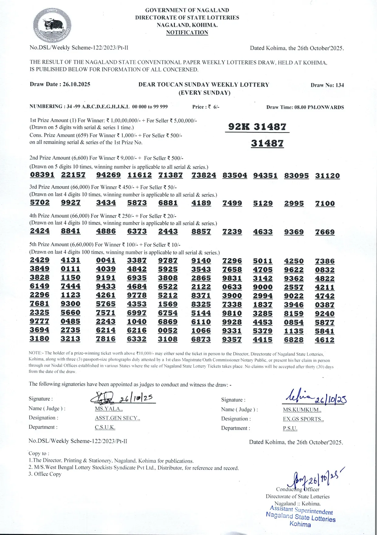 Dear Lottery result sheet 8:00 PM 26-10-2025