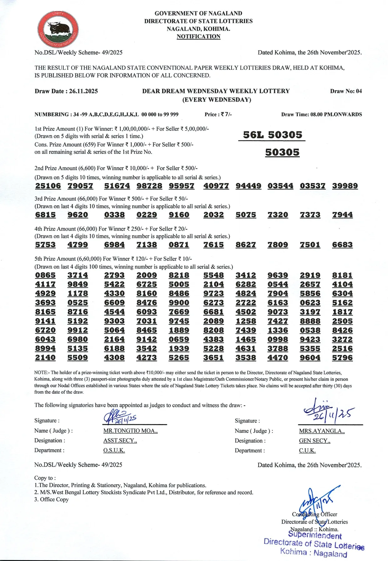 Dear Lottery result sheet 8:00 PM 26-11-2025