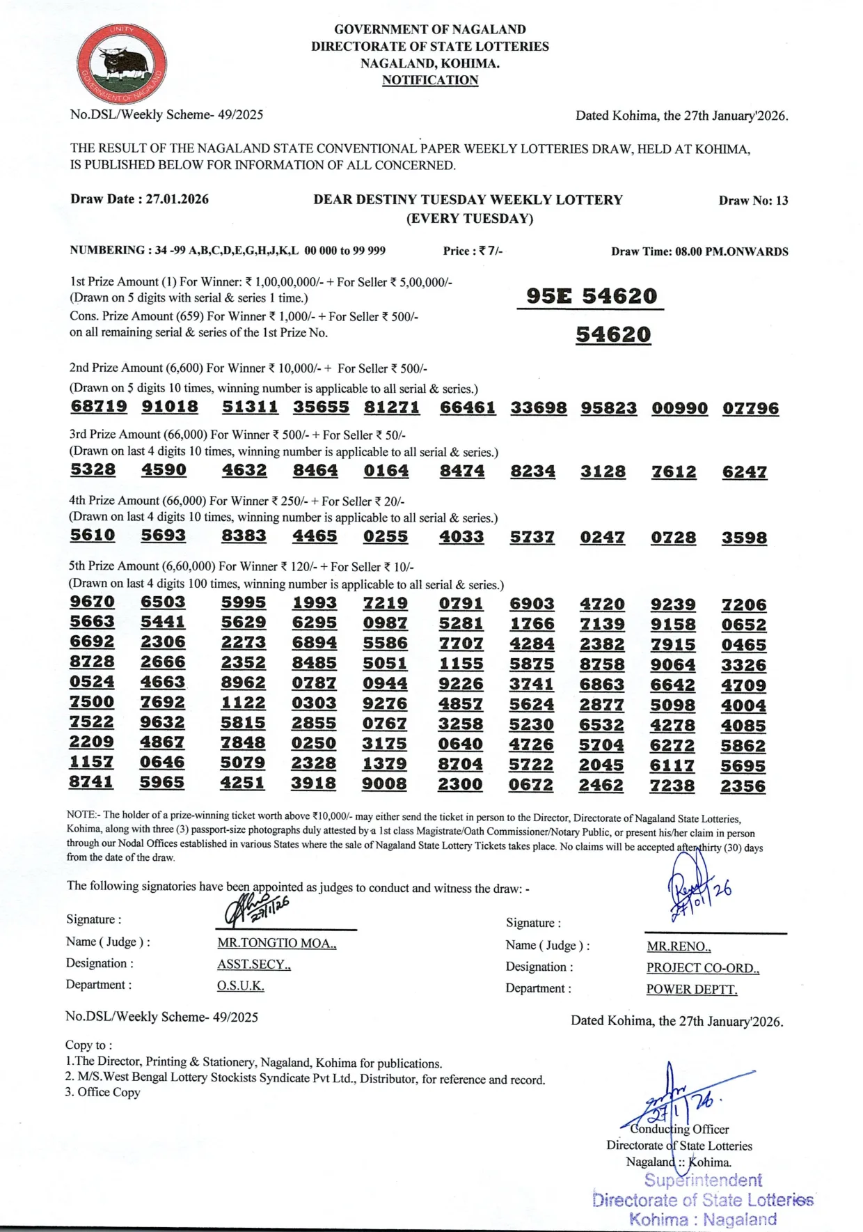 Dear Lottery result sheet 8:00 PM 27-01-2026