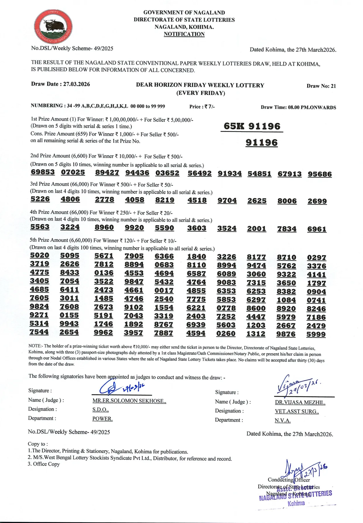 Dear Lottery result sheet 8:00 PM 27-03-2026