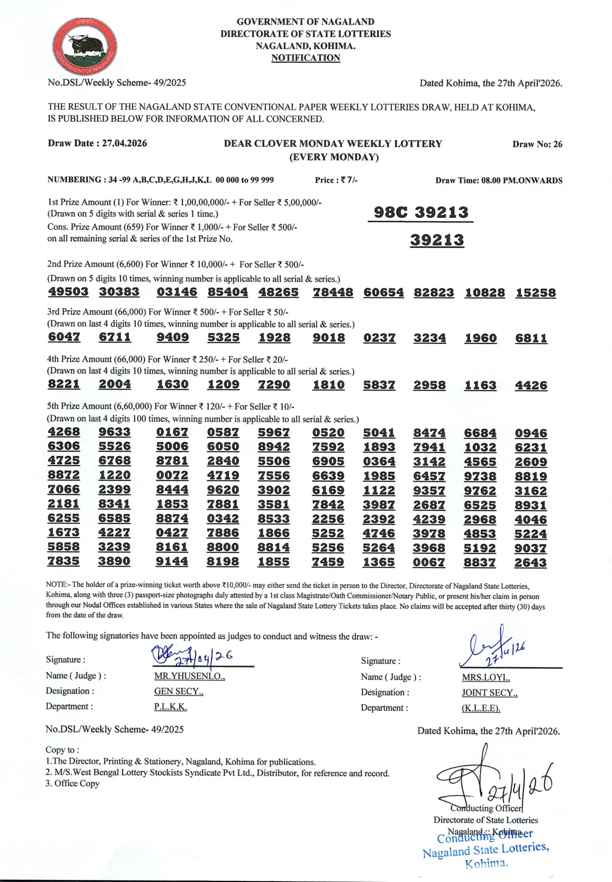 Dear Lottery result sheet 8:00 PM 27-04-2026