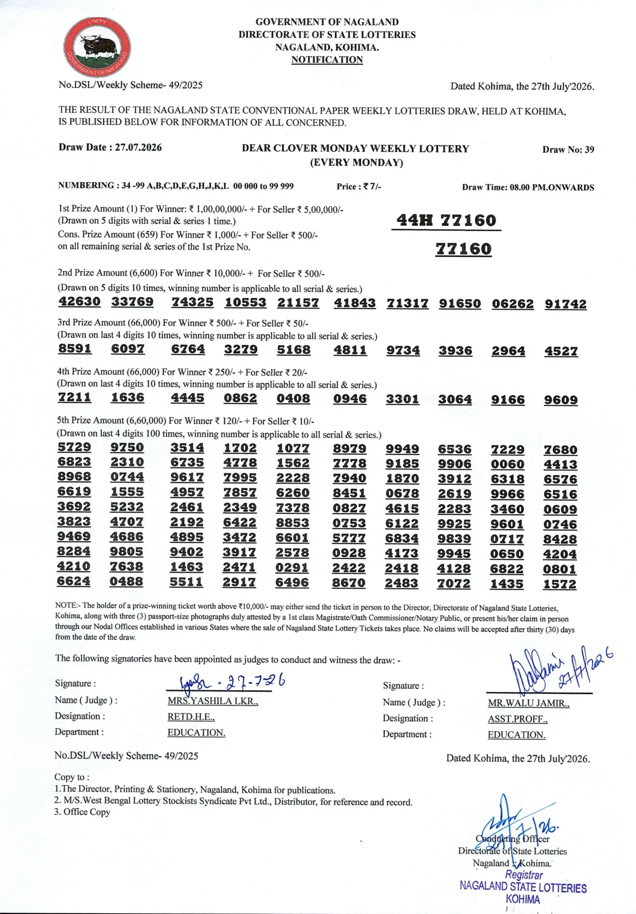 Dear Lottery result sheet 8:00 PM 27-07-2026