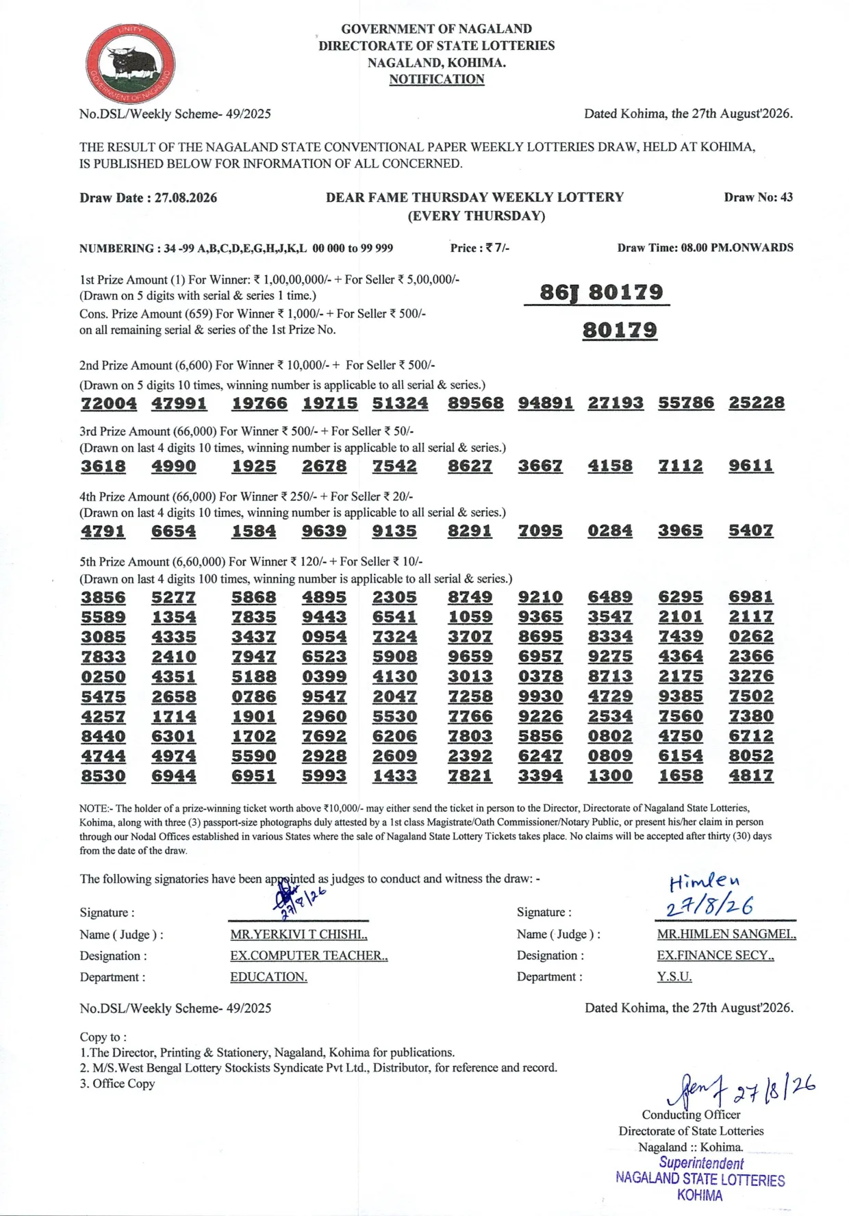 Dear Lottery result sheet 8:00 PM 27-08-2026