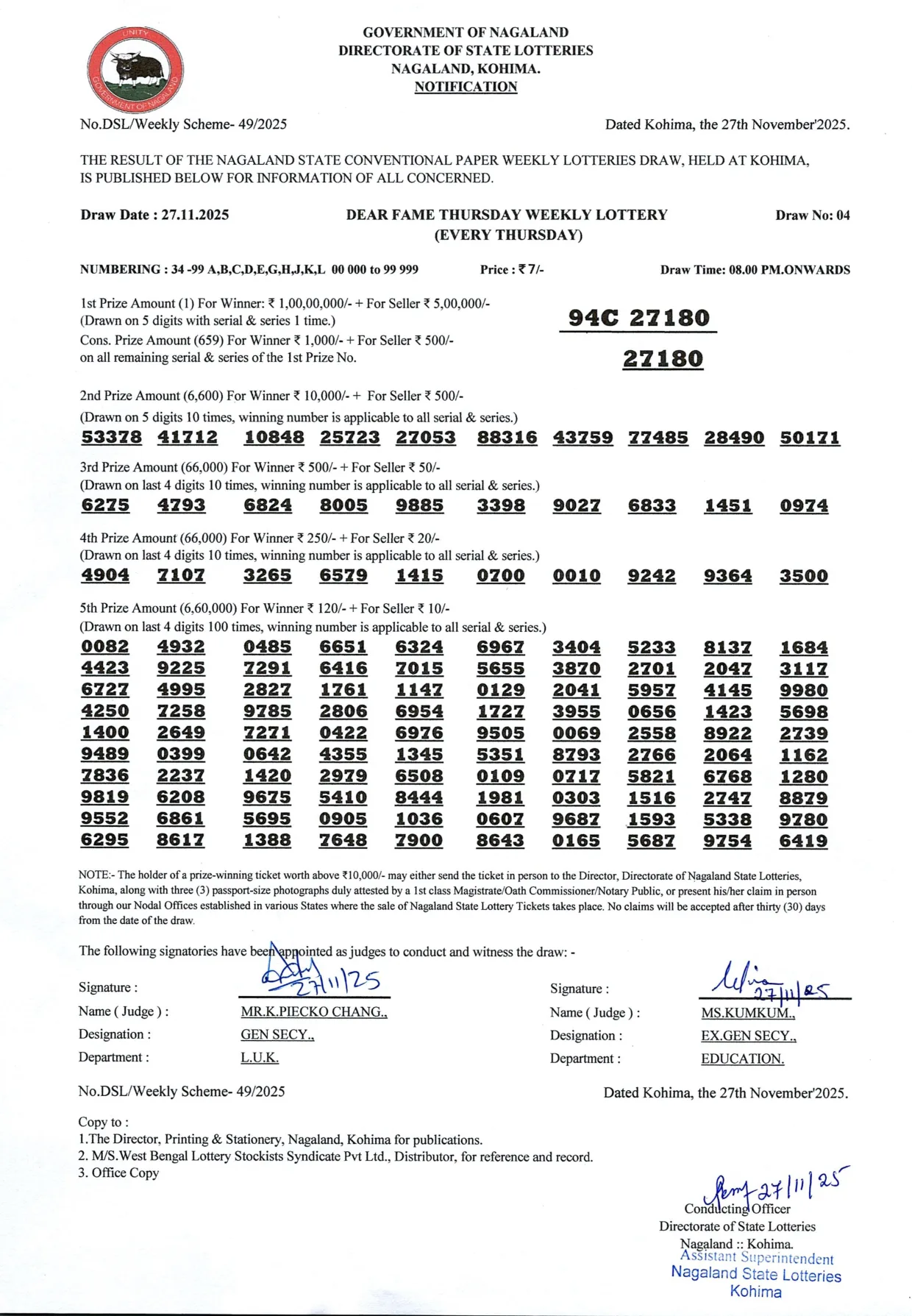 Dear Lottery result sheet 8:00 PM 27-11-2025