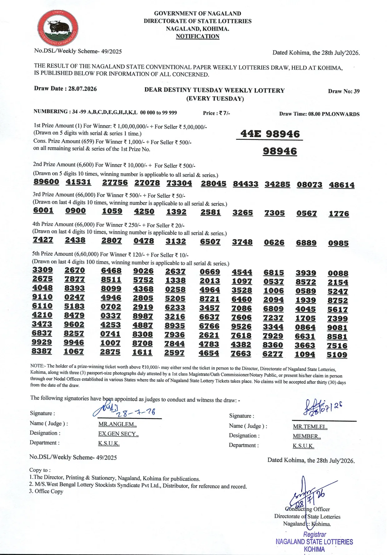 Dear Lottery result sheet 8:00 PM 28-07-2026