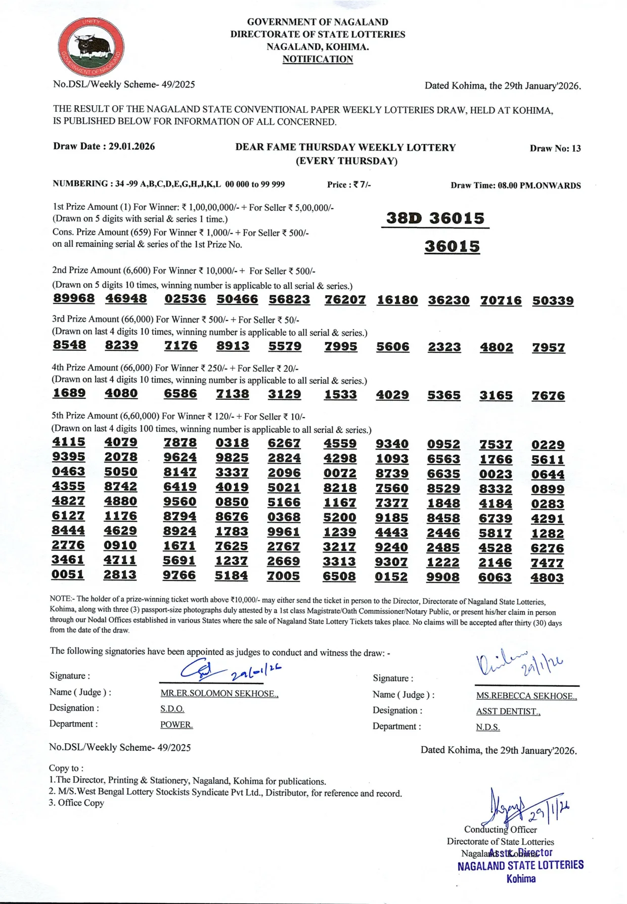 Dear Lottery result sheet 8:00 PM 29-01-2026