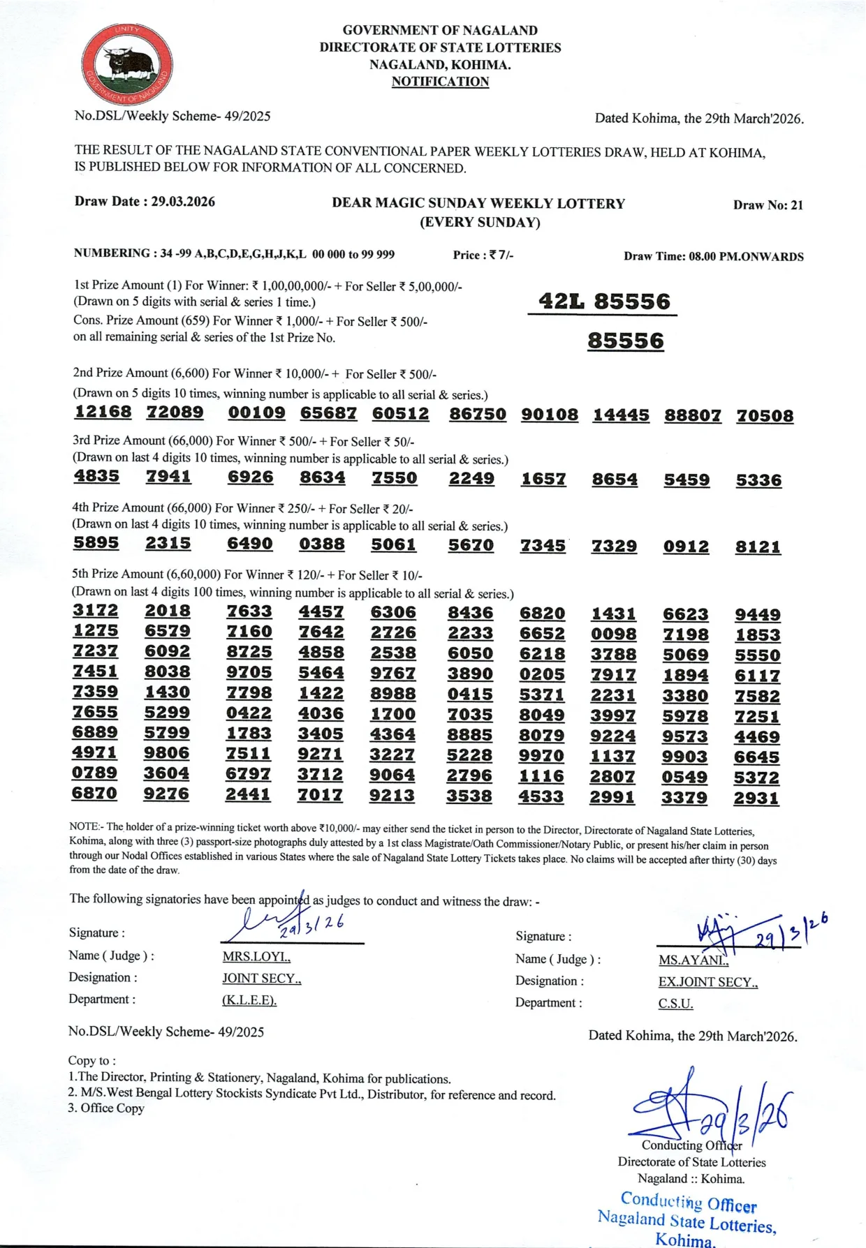 Dear Lottery result sheet 8:00 PM 29-03-2026