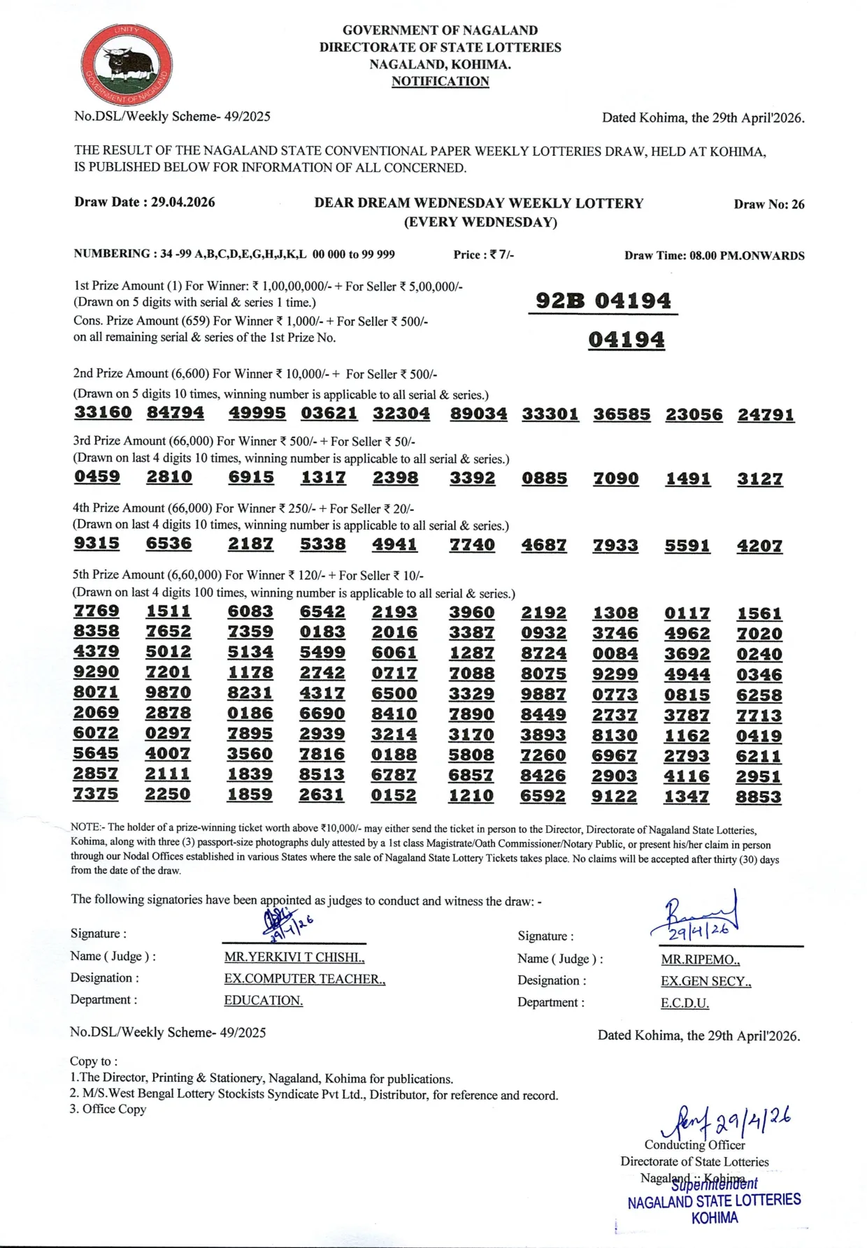 Dear Lottery result sheet 8:00 PM 29-04-2026