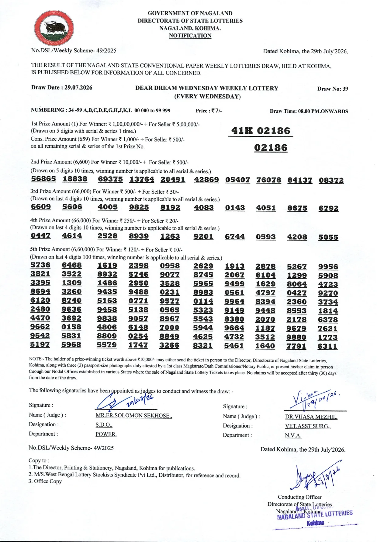 Dear Lottery result sheet 8:00 PM 29-07-2026