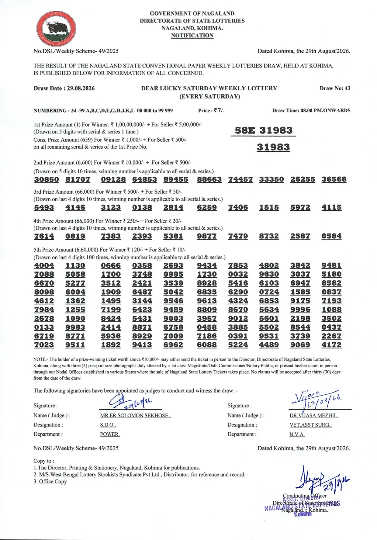 Dear Lottery result sheet 8:00 PM 29-08-2026