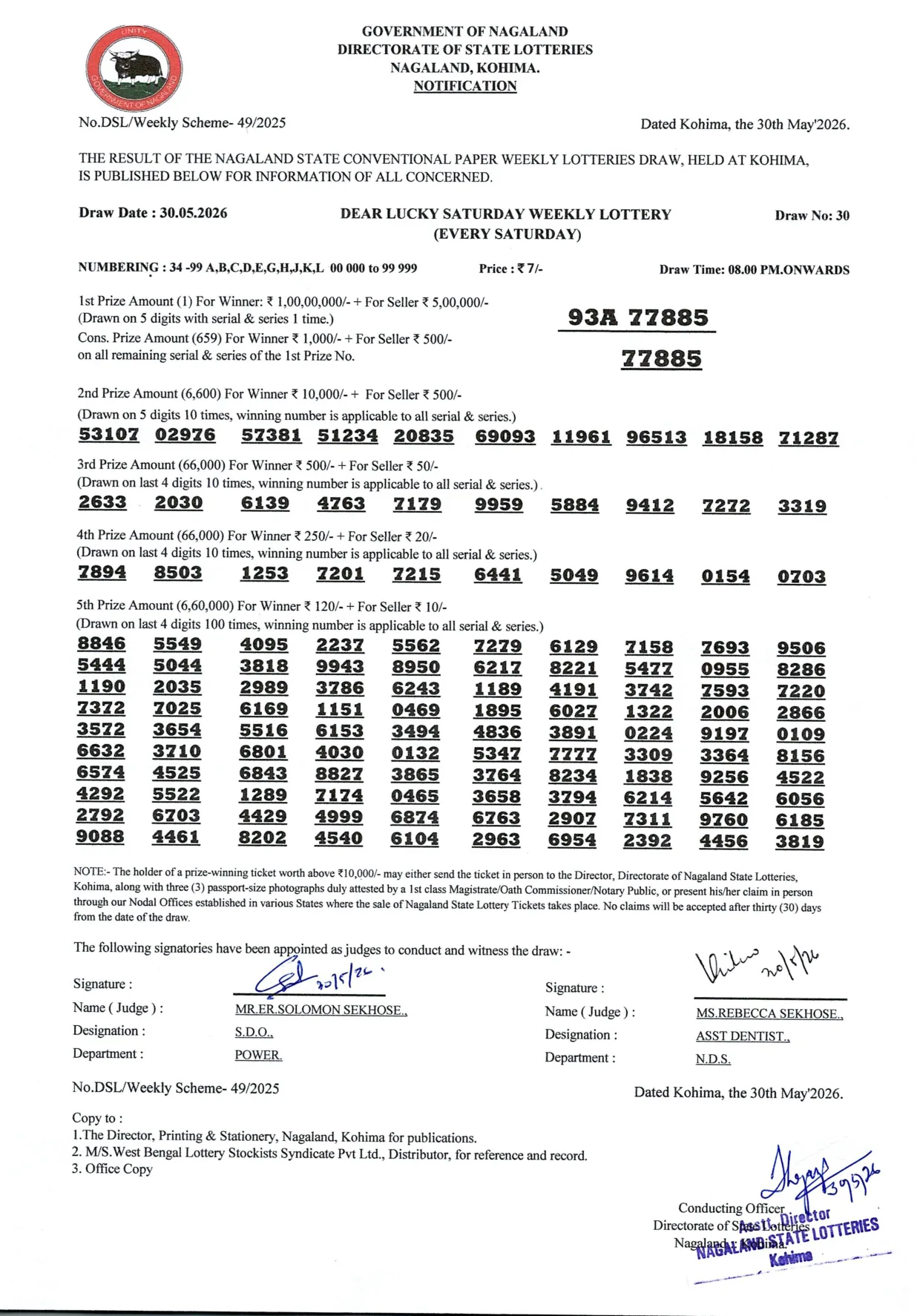 Dear Lottery result sheet 8:00 PM 30-05-2026