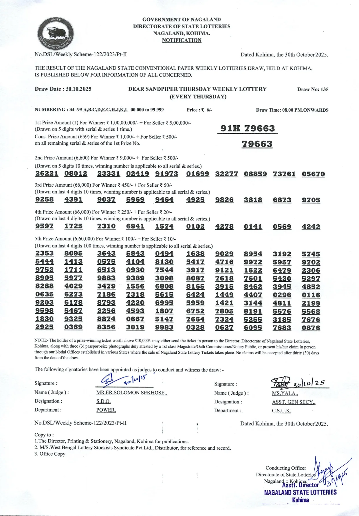 Dear Lottery result sheet 8:00 PM 30-10-2025