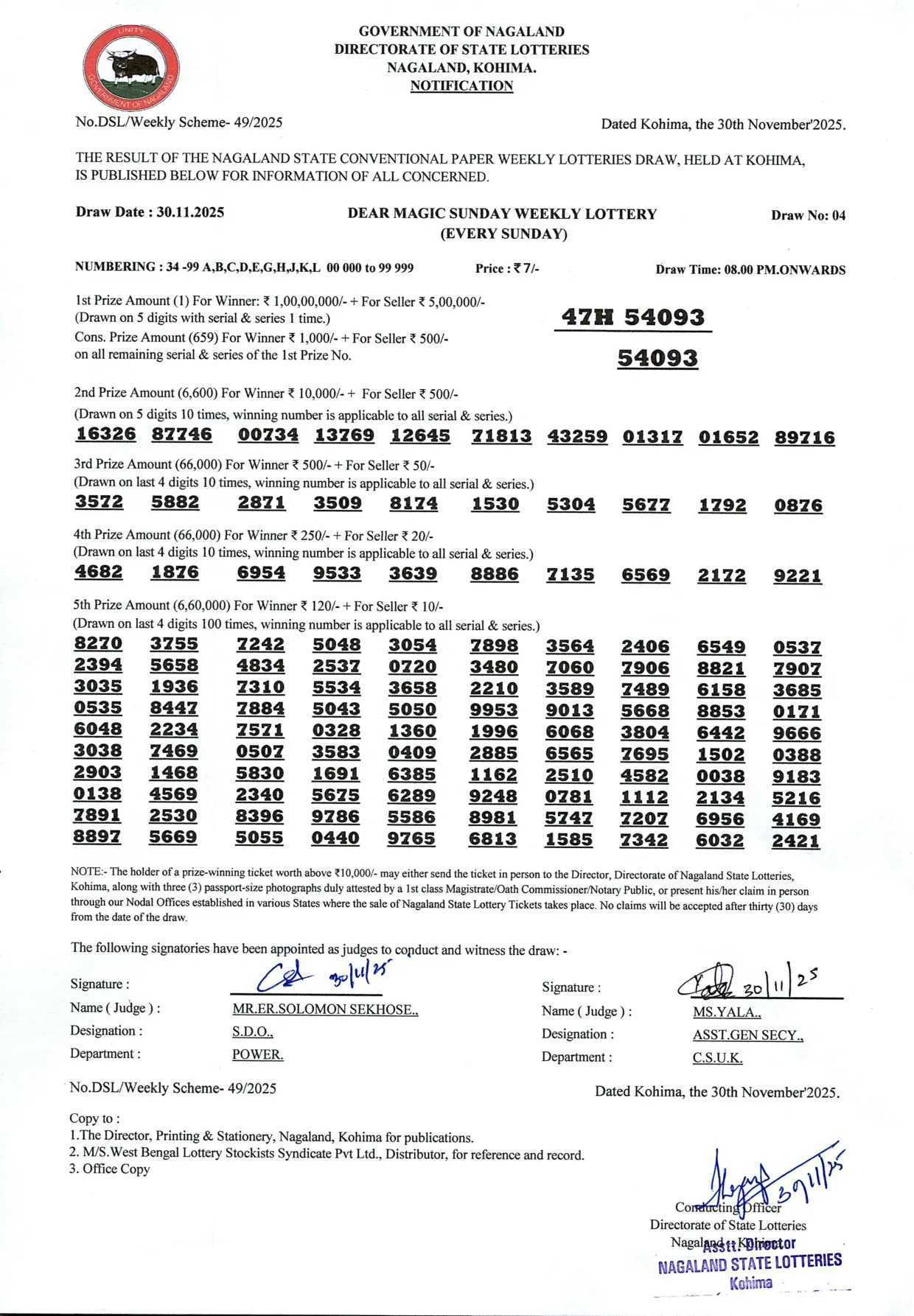 Dear Lottery result sheet 8:00 PM 30-11-2025