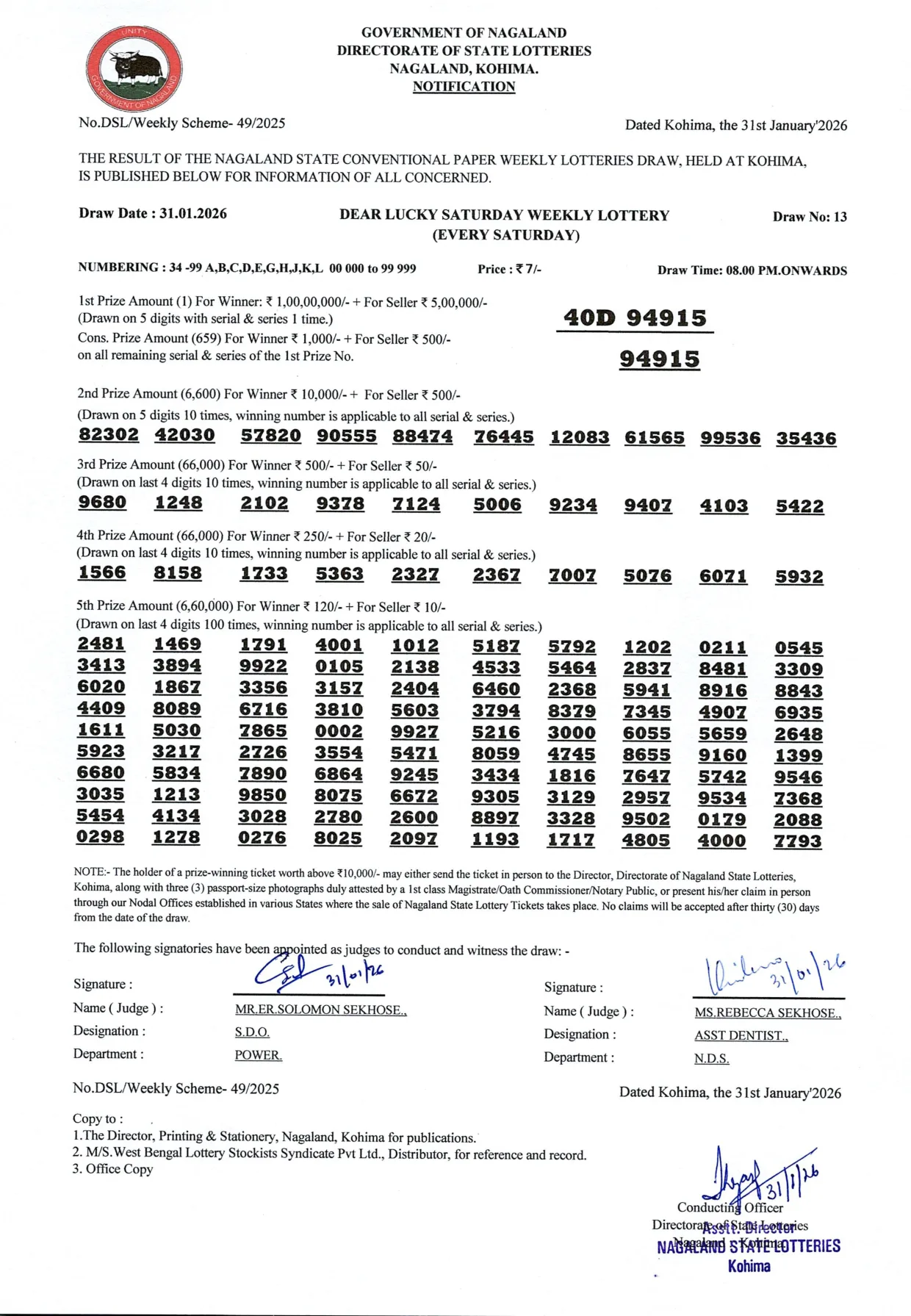 Dear Lottery result sheet 8:00 PM 31-01-2026