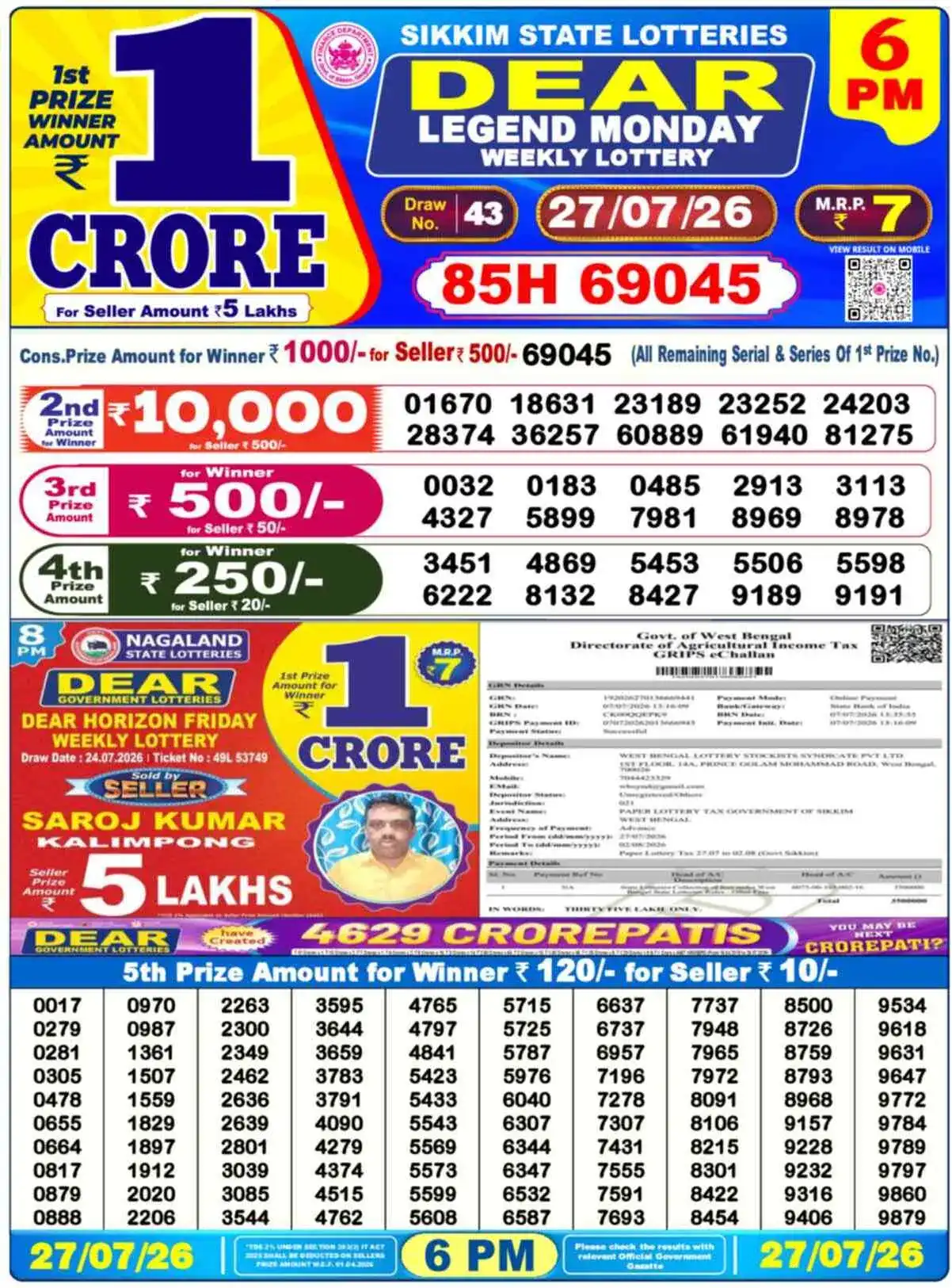 Dear Lottery Result 6 PM - 27 July 2026