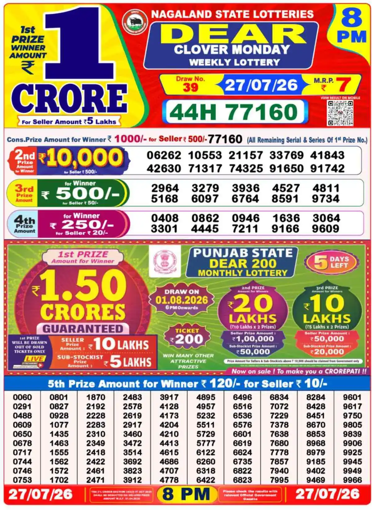 Dear Lottery Result 8 PM - 27 July 2026