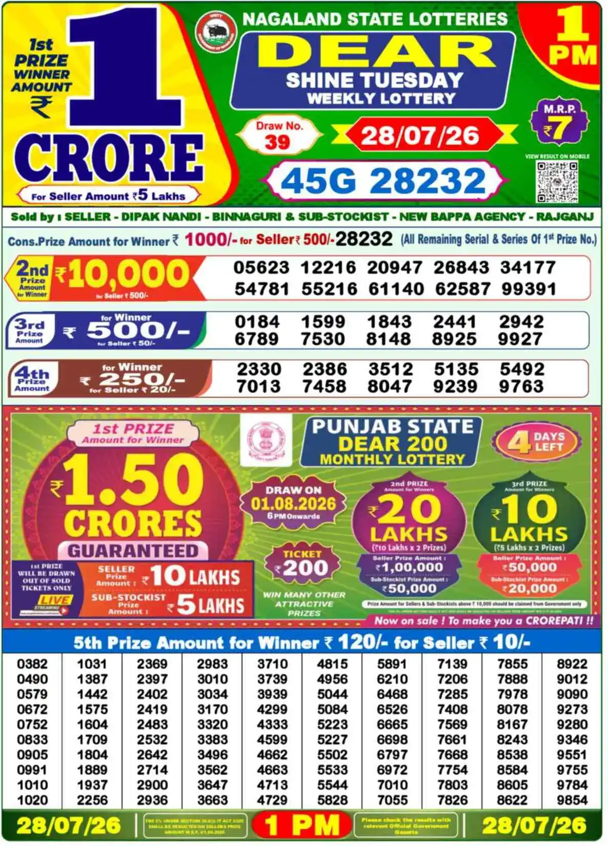 Dear Lottery Result 1 PM - 28 July 2026