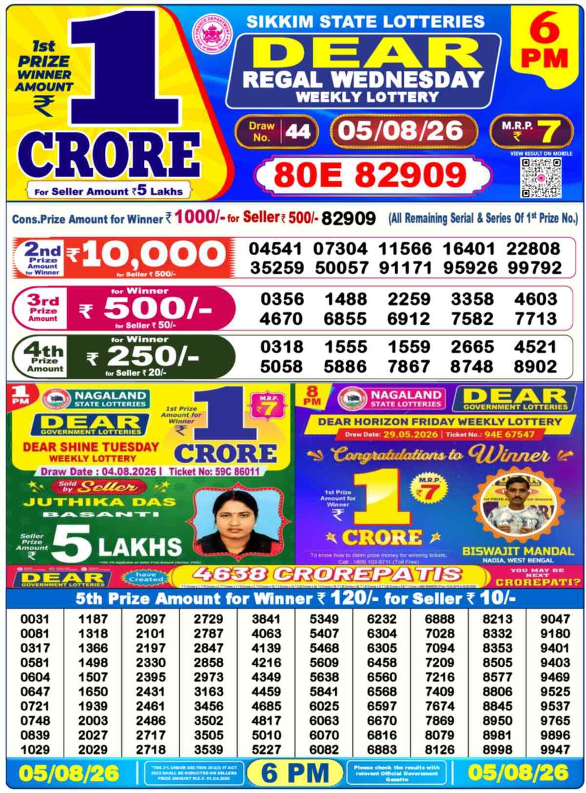 Dear Lottery Result 6 PM - 05 August 2026