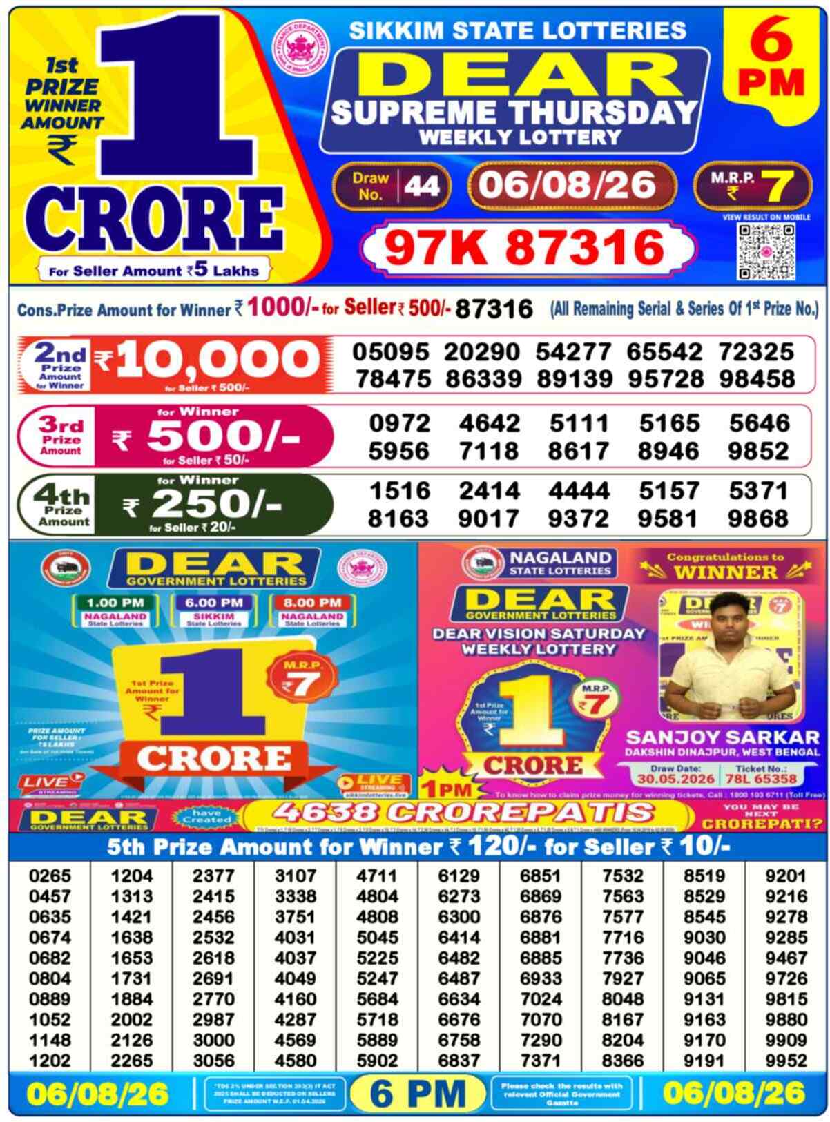Dear Lottery Result 6 PM - 06 August 2026
