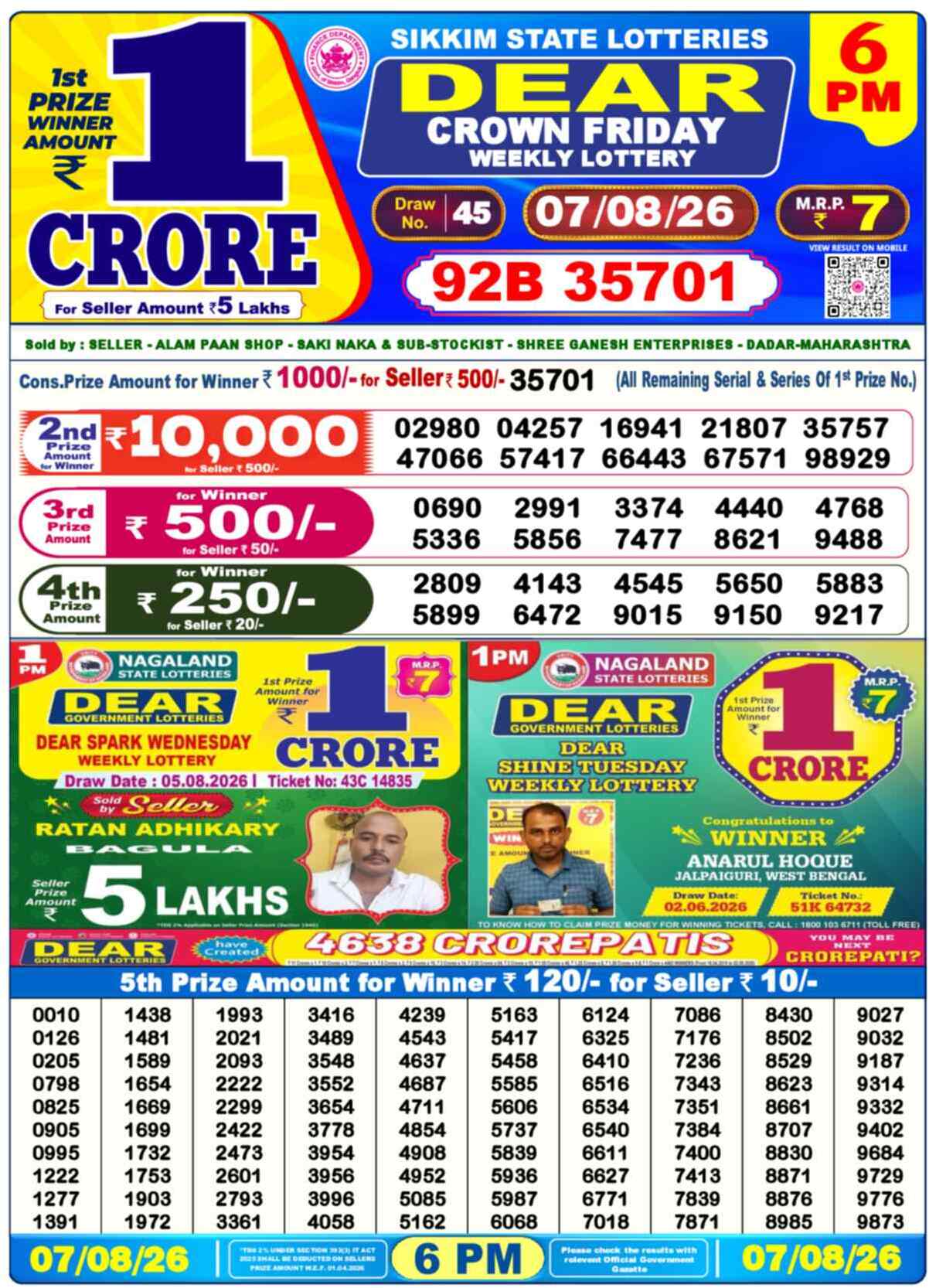 Dear Lottery Result 6 PM - 07 August 2026