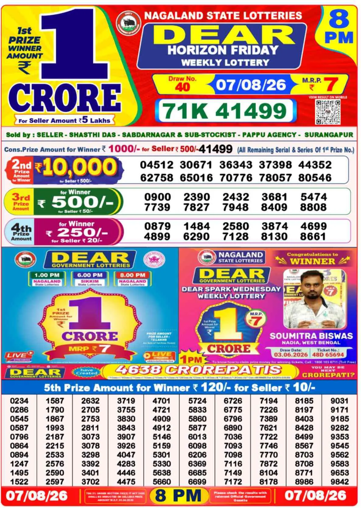 Dear Lottery Result 8 PM - 07 August 2026