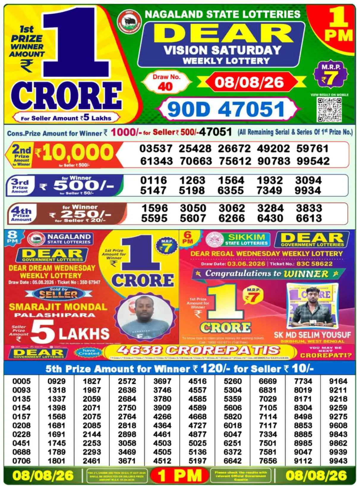 Dear Lottery Result 1 PM - 08 August 2026