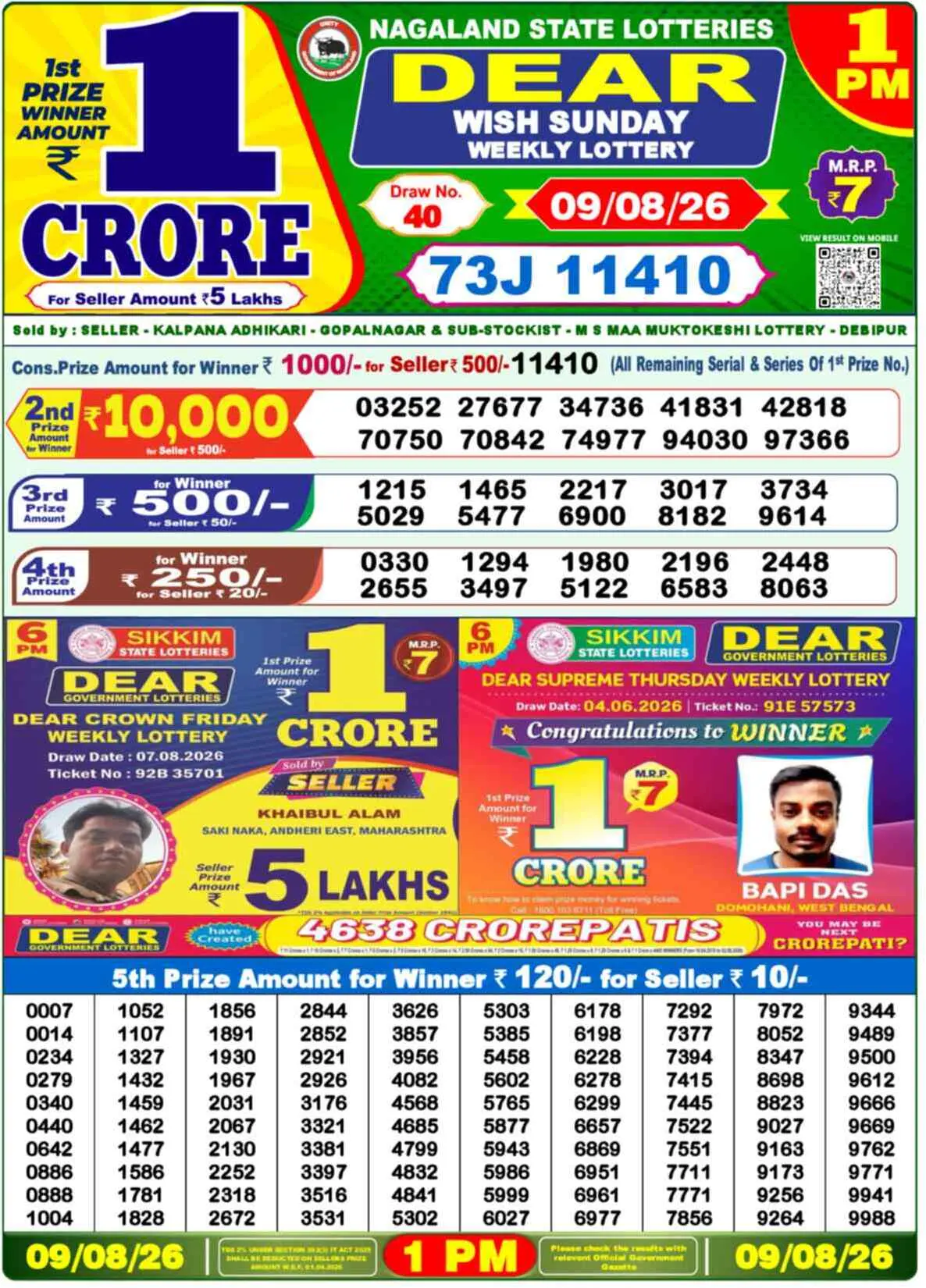 Dear Lottery Result 1 PM - 09 August 2026